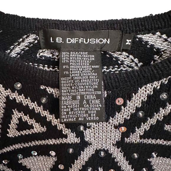 Vintage 90s I.B. Diffusion Silver Metallic Geo Sweater Medium Glam - Picture 2 of 4
